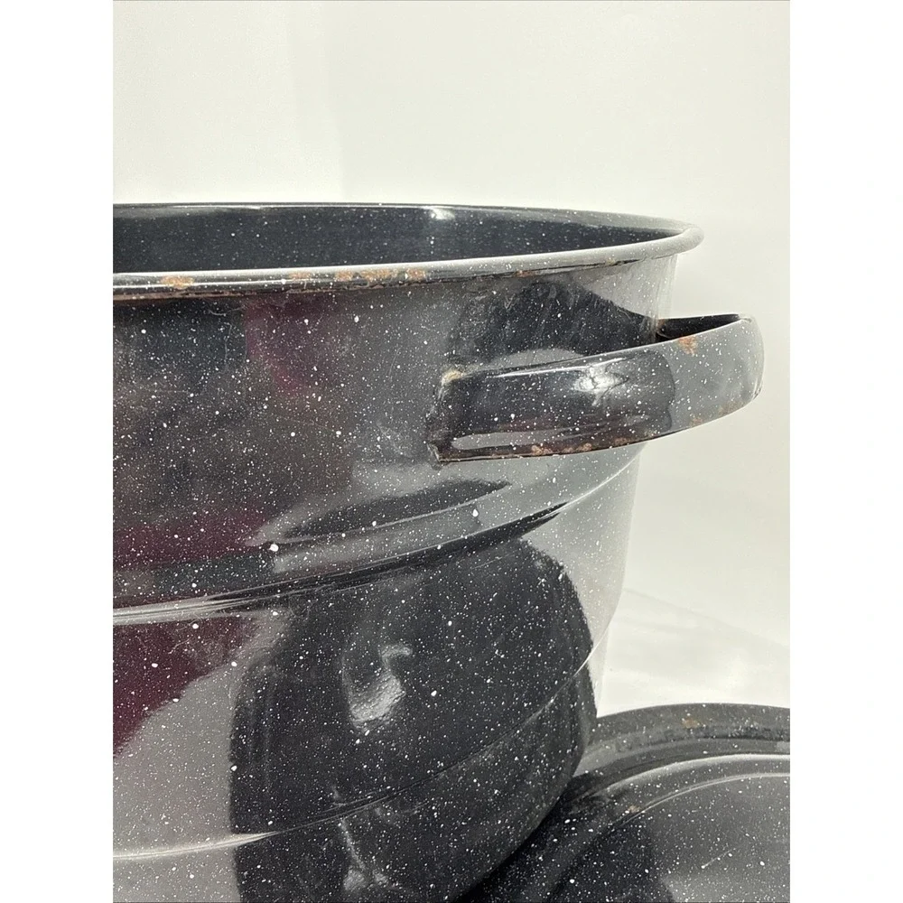 Speckled Black Enamel Graniteware Stock Pot With Lid Steamer 21 Qt  XLG Vintage